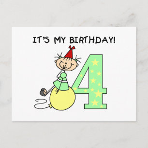 Carte Postale Stick Girl 4th Birthday Tshirts et cadeaux