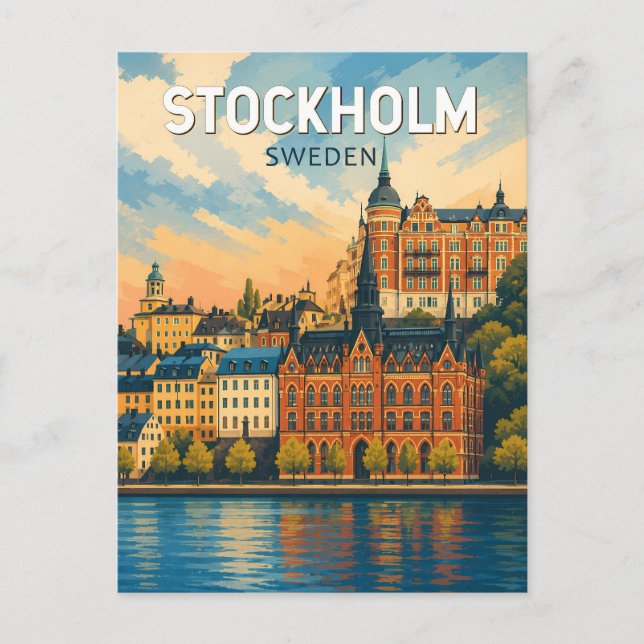 Carte Postale Stockholm Suède Illustration Art de Voyage Vintage (Devant)