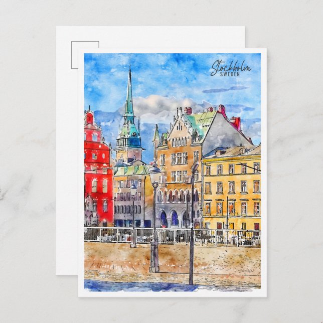Carte Postale Stockholm Suède vintage voyage aquarelle (Devant / Derrière)