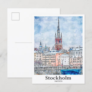 Carte Postale Stockholm Suède Voyage Aquarelle Dessinée à la mai