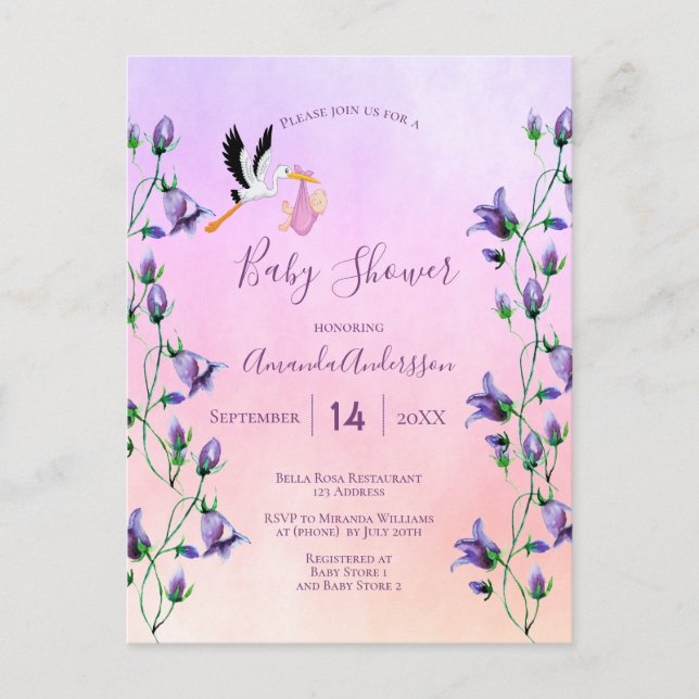Carte Postale Stork fille rose violet baby shower floral (Devant)