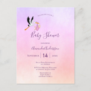 Carte Postale Stork fille rose violet rose baby shower or