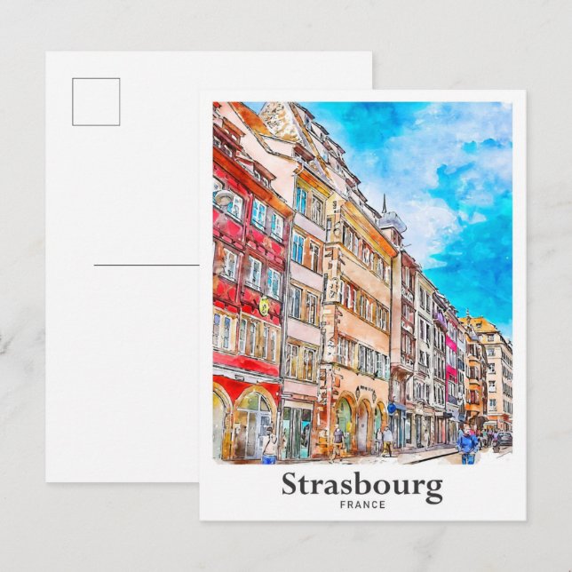 Carte Postale Strasbourg France Aquarelle Voyage Main tirée (Devant / Derrière)