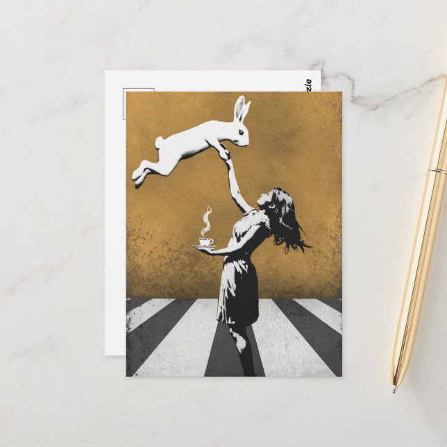 Carte Postale street art urbain graffiti Thé avec lapin (Devant/Arrière en situation)