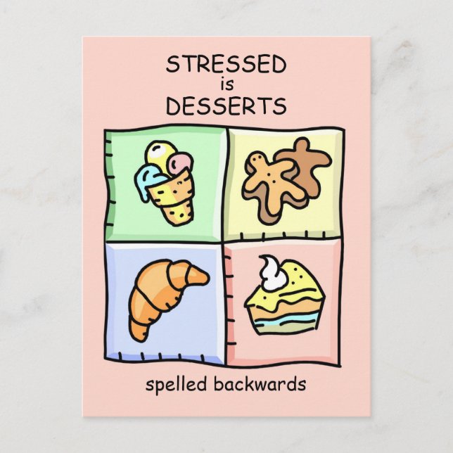 Carte Postale STRESSED est DESSERTS orthographiés à l'envers (Devant)