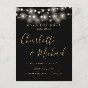 Carte Postale String Lights Black and Gold Wedding Enregistrer l