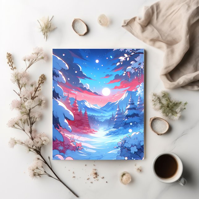 Carte Postale Style Anime Hiver Mountain Art Snowy Night Scène (Créateur téléchargé)