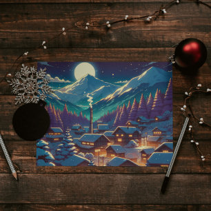 Carte Postale Style Anime Village d'hiver Snowy Night Scène