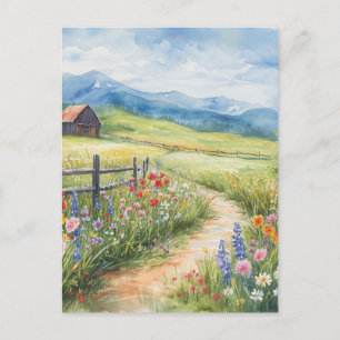Carte Postale Style aquarelle prairie printanière avec fleurs