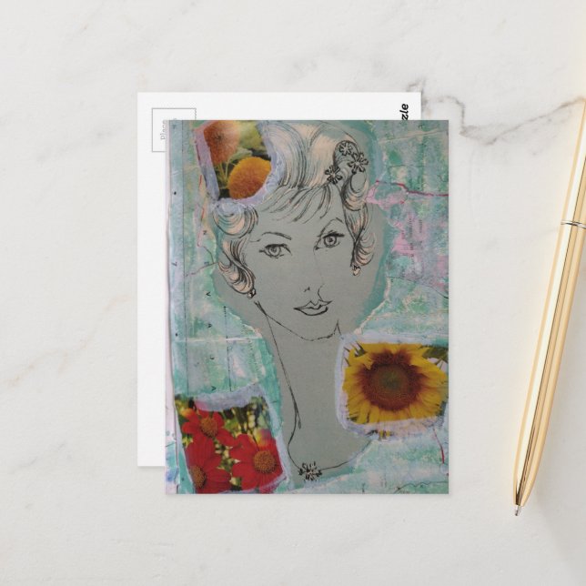 Carte Postale Style de cheveux rétro femme et fleurs collage (Devant/Arrière en situation)