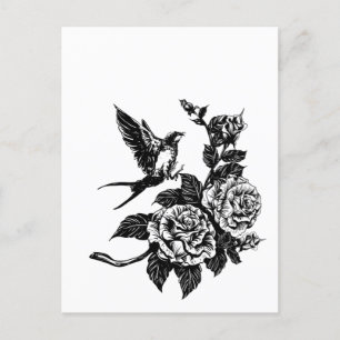 Carte Postale Style de tatouage d'oiseau et de roses