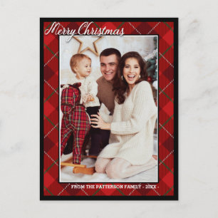 Carte Postale Style Tartan élégant Joyeux Noël Famille Photo