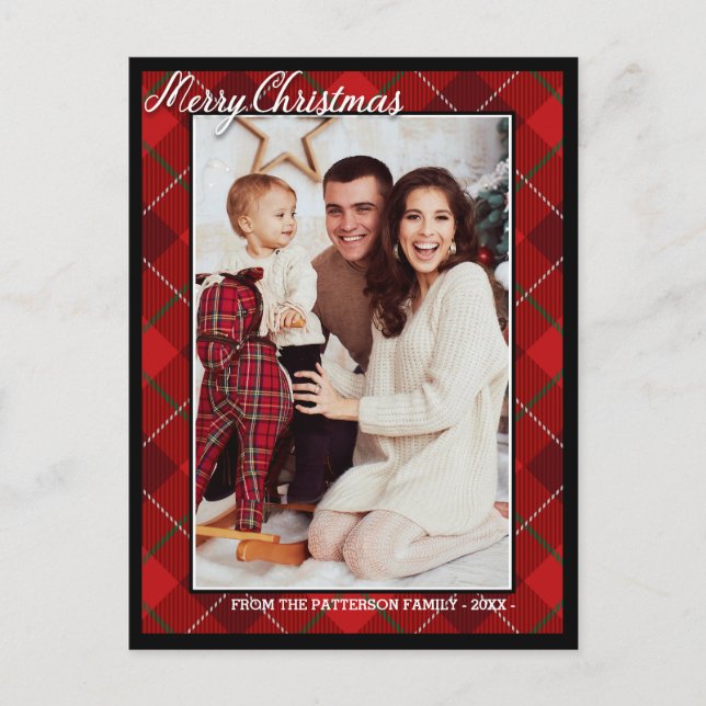 Carte Postale Style Tartan élégant Joyeux Noël Famille Photo (Devant)