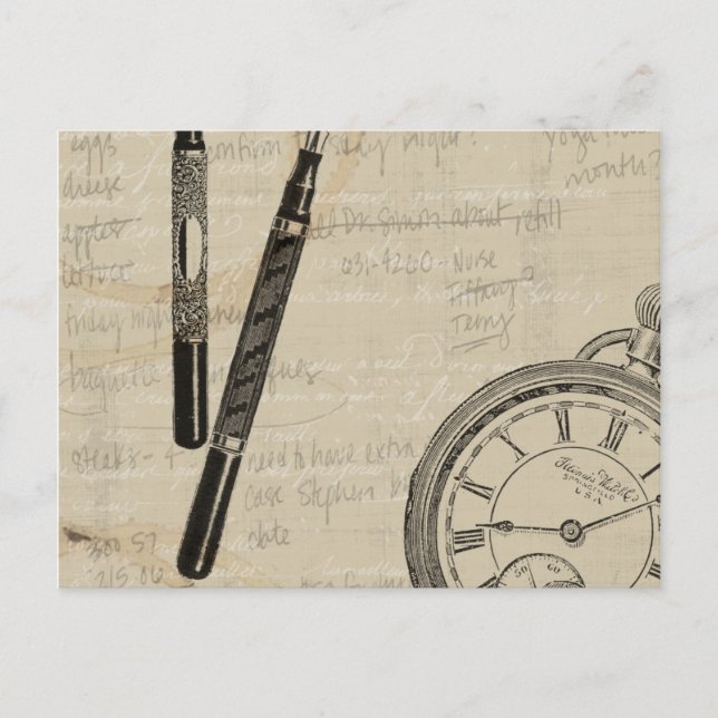 Carte Postale Stylos de fontaine et Watchface avec des notes (Devant)