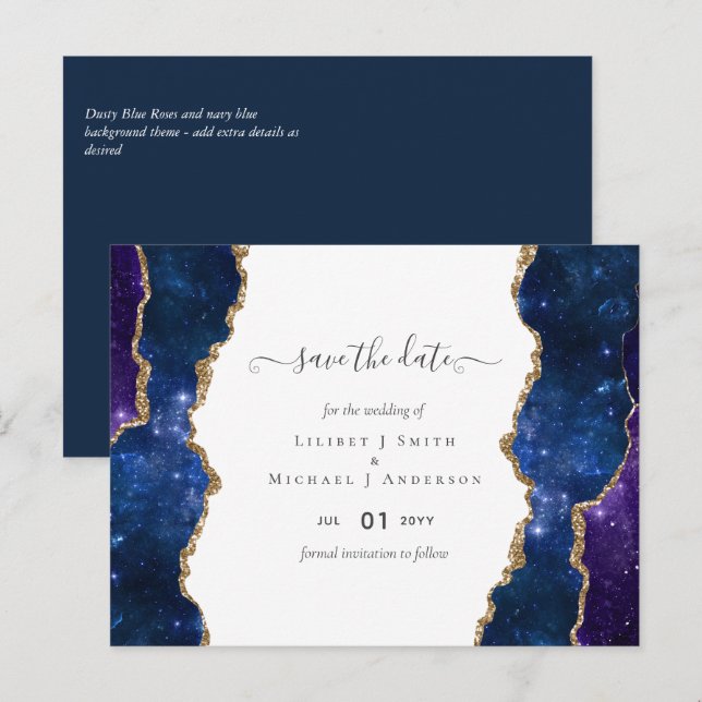 Carte Postale Sublime Agate Bleu Or ENSEMBLE DE MARIAGE (Devant / Derrière)