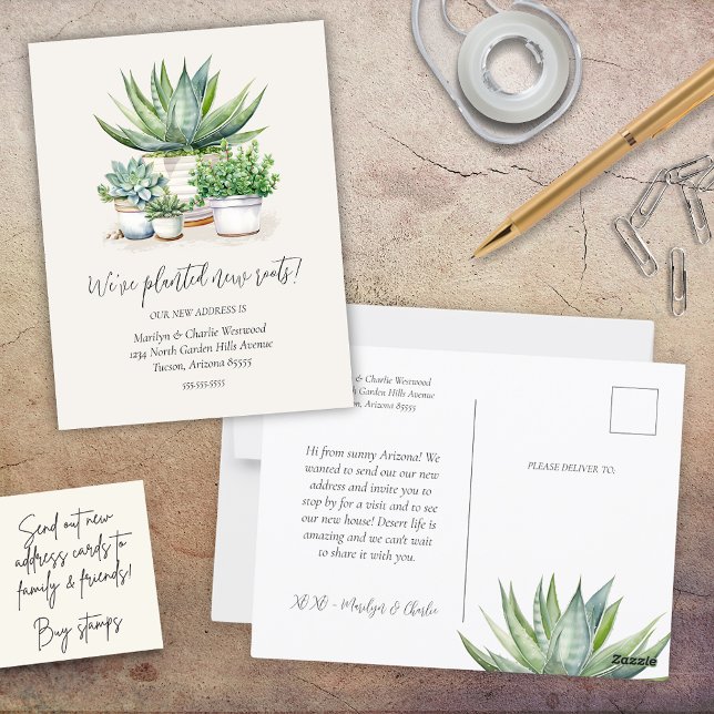 Carte Postale Succulent Planté Nouvelles Racines Weve Déplacé No (simple minimalist succulent potted plants theme we planted new roots change of address postcards)