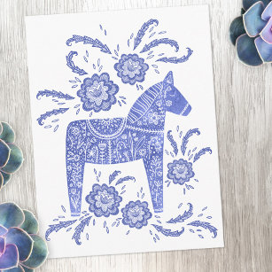 Carte postale suédoise Dala Horse bleu et blanc
