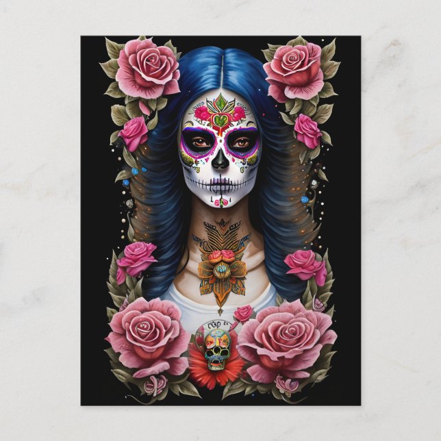 Carte Postale Sugar Skull Art - Femme traditionnelle (Devant)