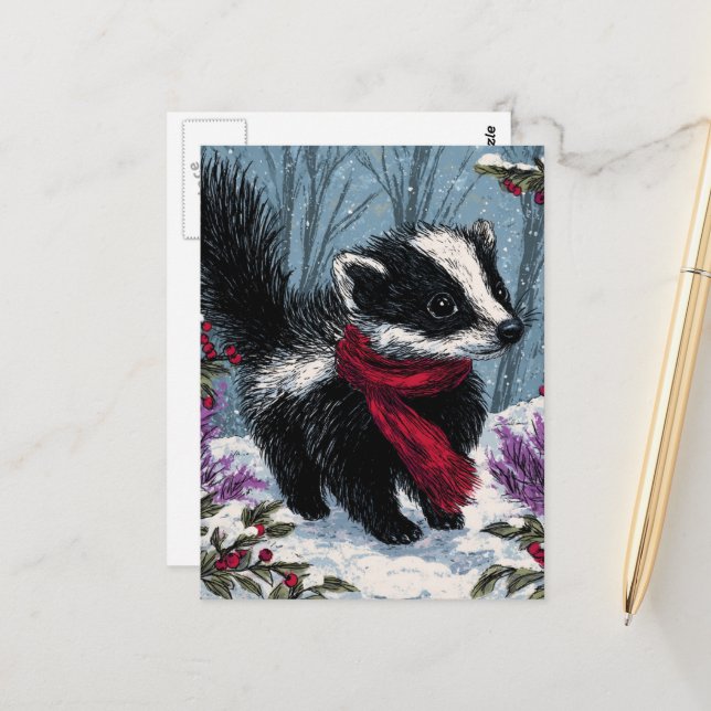 Carte Postale Suie Scunk en hiver (Devant/Arrière en situation)