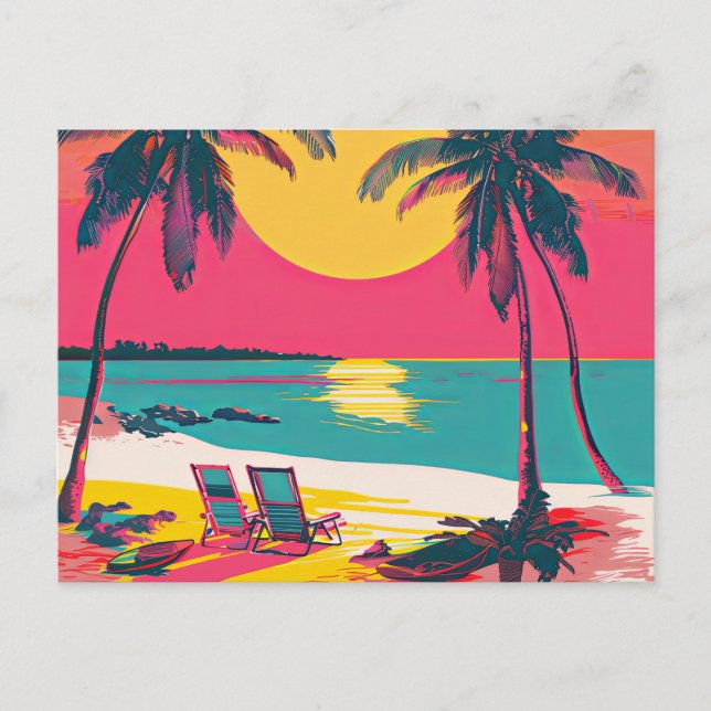 Carte Postale Summer Beach Vibe Rétro Surfer Palm Trees coucher  (Devant)