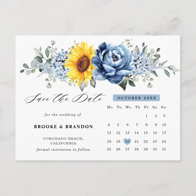 Carte Postale Sunflower Dusty Blue Peony Calendrier Enregistrer  (Devant)