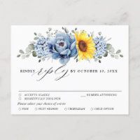 Sunflower Dusty Blue Slate Peony Wedding RSVP