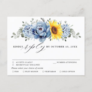 Carte Postale Sunflower Dusty Blue Slate Peony Wedding RSVP