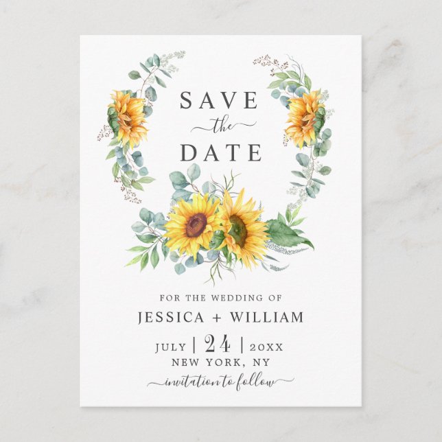 Carte Postale Sunflower Eucalyptus Wreath Wedding Enregistrer la (Devant)