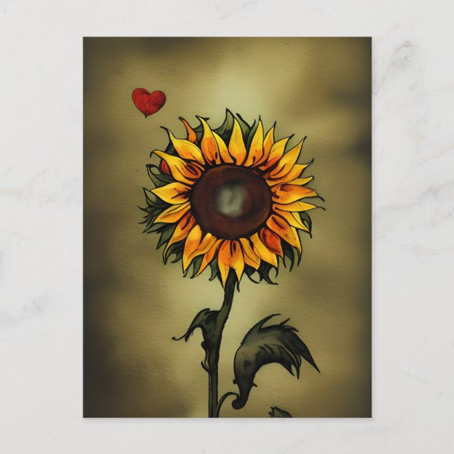 Carte Postale Sunflower Love | Aquarelle Tournesol et coeur (Devant)