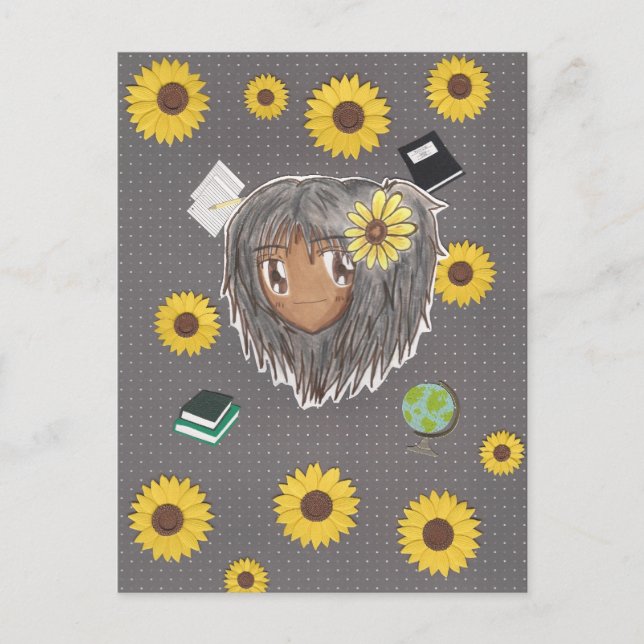 Carte Postale Sunflower Scholar Hinata (chibi avec collage backg (Devant)