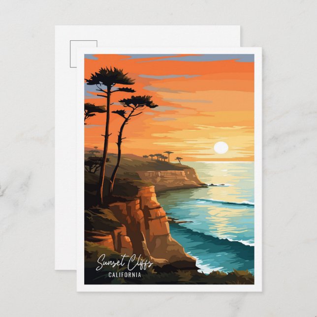 Carte Postale Sunset Cliffs Californie Illustration de voyage (Devant / Derrière)