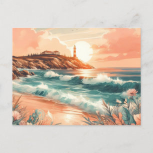 Carte Postale Sunset Lighthouse Ocean Beach Boho Floral