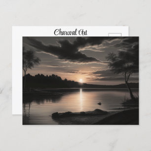 Carte Postale Sunset Sunrise Glassy Lake Charcoal Pencil Art