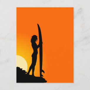 Carte Postale Sunset Surfer Girl avec surf