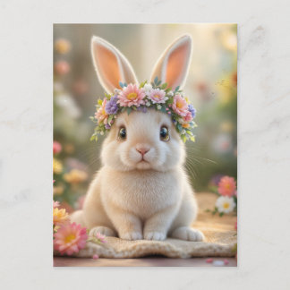 Carte Postale Super cute bunny with a flower wreath on its head 