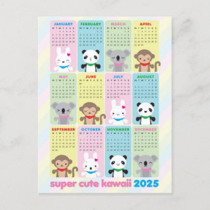 Carte Postale Super Cute Kawaii Animaux 2025 Calendrier