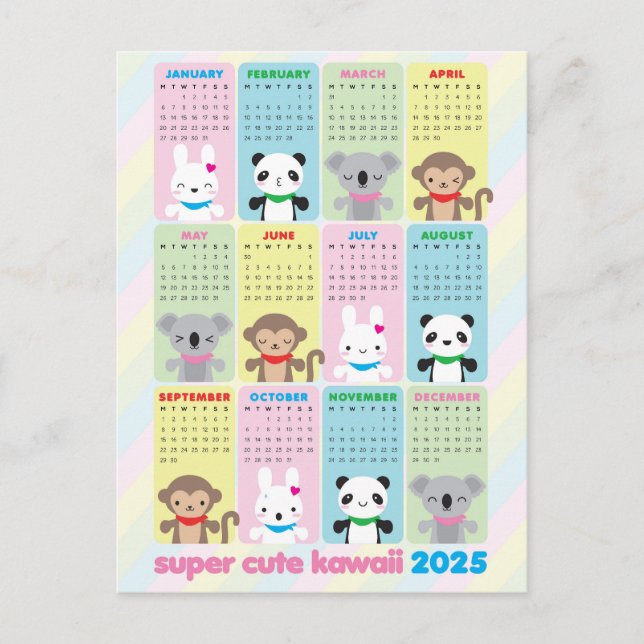 Carte Postale Super Cute Kawaii Animaux 2025 Calendrier (Devant)