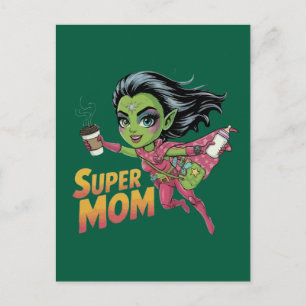 Carte Postale Super Maman Alienne Héroïne Chibi Vecteur Cartoon