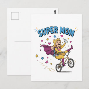 Carte Postale Super Maman Superhéroïne à Vélo avec Cadeau Bébé