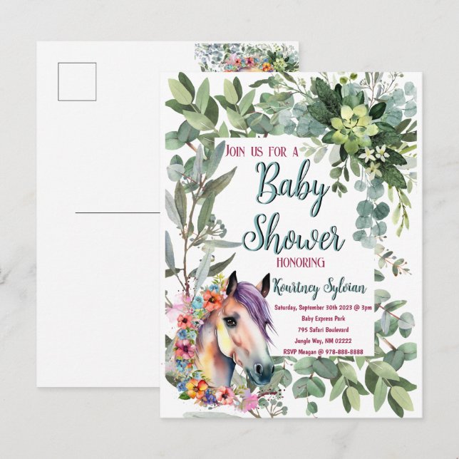 Carte Postale Superbe aquarelle Floral Horse Baby shower (Devant / Derrière)
