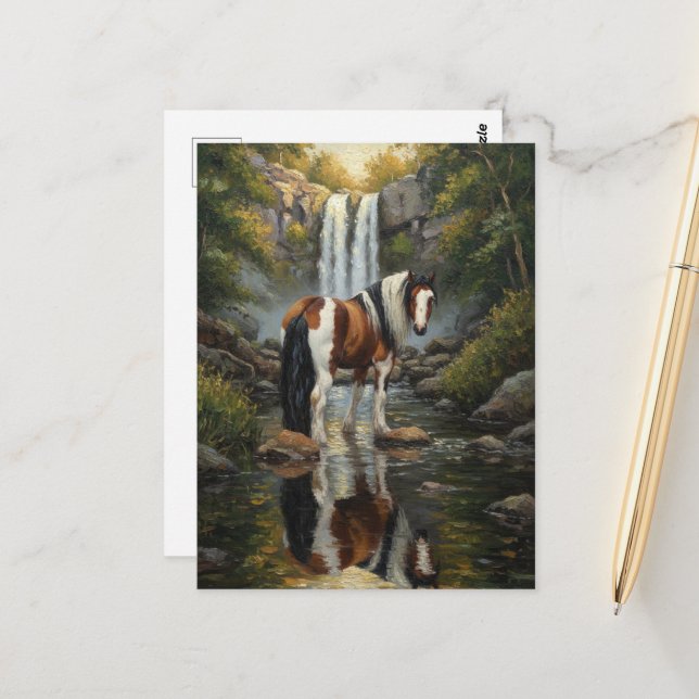 Carte Postale Superbe cheval Pinto à la cascade (Devant/Arrière en situation)