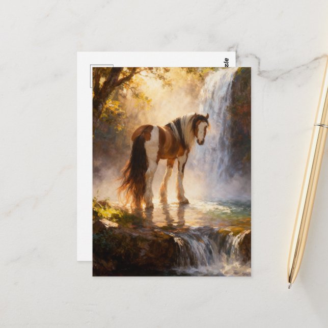 Carte Postale Superbe cheval Pinto Gypsy Vanner à la cascade (Devant/Arrière en situation)
