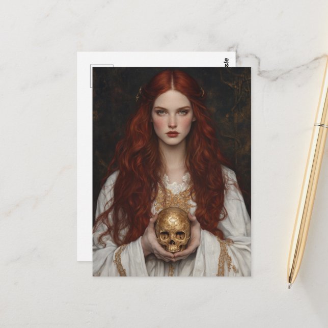 Carte Postale Superbe Dame Déesse aux Cheveux Rouges Avec Crâne  (Devant/Arrière en situation)