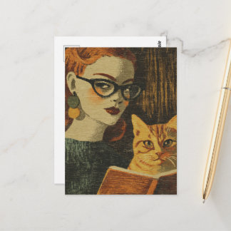 Carte Postale Superbe dame vintage et son chat lisant