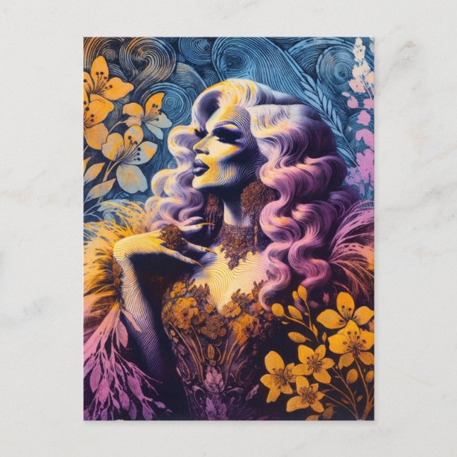 Carte Postale Superbe reine Drag en fleurs (Devant)