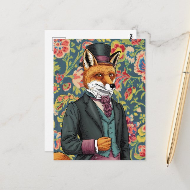 Carte Postale Superbe Renard Rouge en costume (Devant/Arrière en situation)