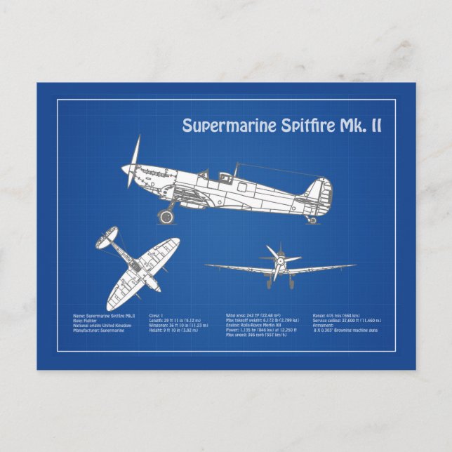 Carte Postale Supermarine Spitfire - Plan d'avion ABD (Devant)