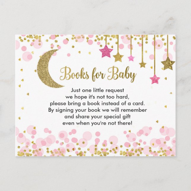 Carte Postale Sur la lune Baby shower rose livres pour bébé (Devant)