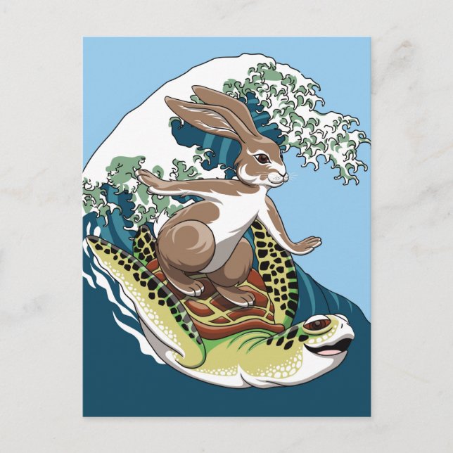 Carte Postale Surf d'été - Illustration de tortue et lapin (Devant)