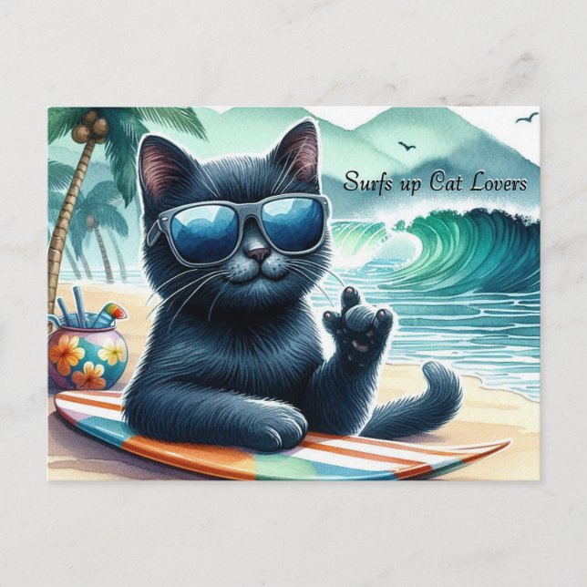 Carte Postale Surf up Amoureux de les chats Cool Chat noir (Devant)